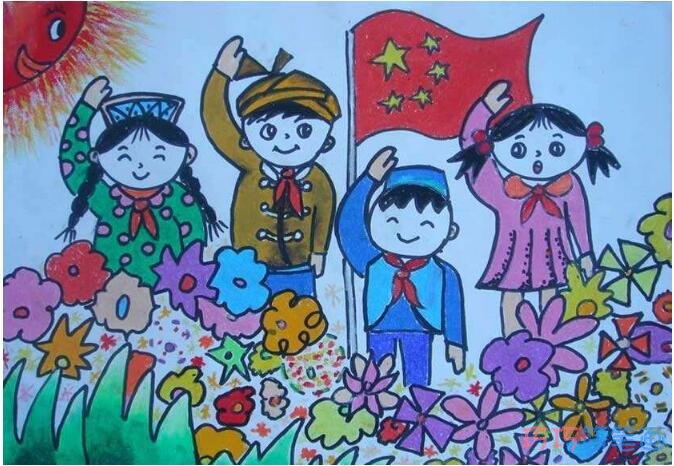 绘本故事小学生庆祝儿童节升国旗水彩画简单漂亮