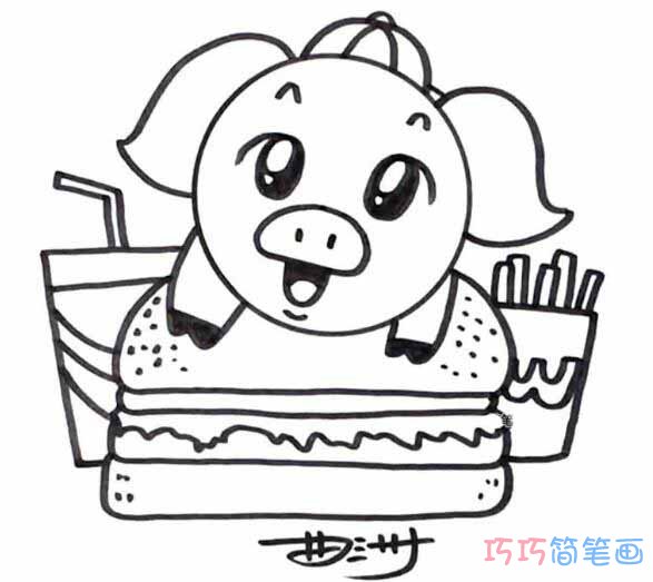 贪吃小猪怎么画涂色简单 卡通小猪的画法简笔画图片