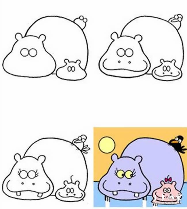 绘本故事卡通河马妈妈和小河马简笔画画法图片步骤