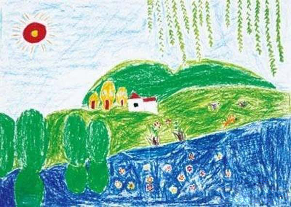美丽的春天风景儿童蜡笔画作品图片欣赏步骤1