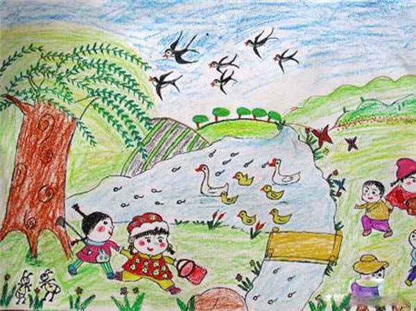 获奖美丽的春天儿童蜡笔画作品图片