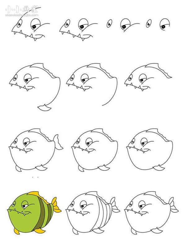彩色胖头鱼简笔画画法图片步骤