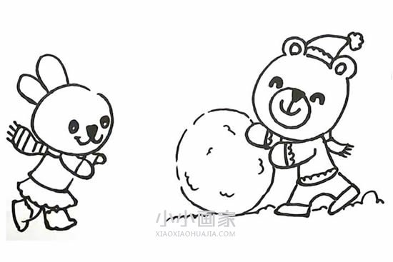 滚雪球的小兔和小熊简笔画画法图片步骤步骤12