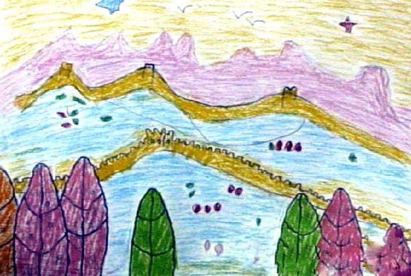 美丽的万里长城风景儿童画图片步骤1
