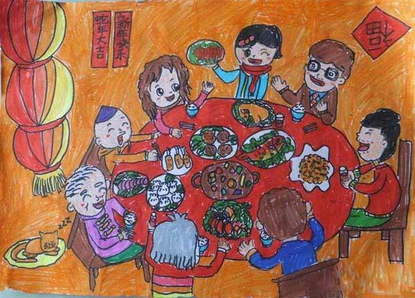 绘本故事春节一家人吃团圆饭儿童绘画作品图片