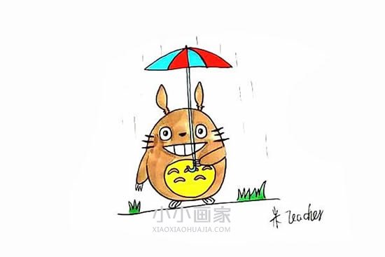 雨天打伞的龙猫简笔画画法图片步骤