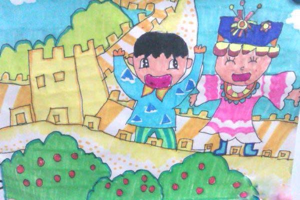 小学三年级登万里长城儿童画作品图片步骤1