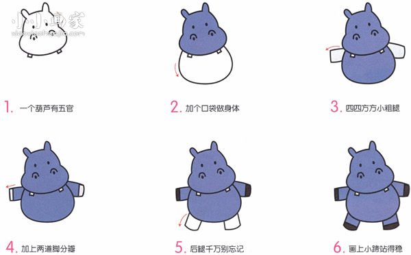 绘本故事彩色卡通小河马简笔画画法图片步骤