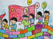 绘本故事一年级小学生国庆节登长城儿童蜡笔画图片