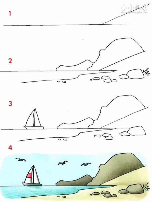 彩色海边简笔画画法图片步骤