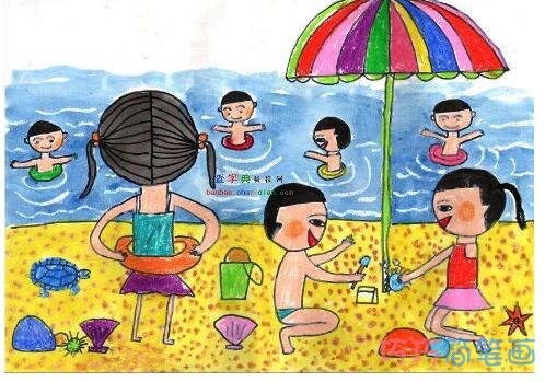 涂色海滩游玩儿童画 关于海边的简笔画图片步骤1