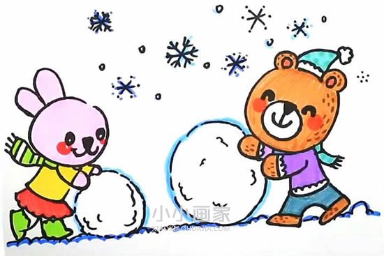 滚雪球的小兔和小熊简笔画画法图片步骤步骤1
