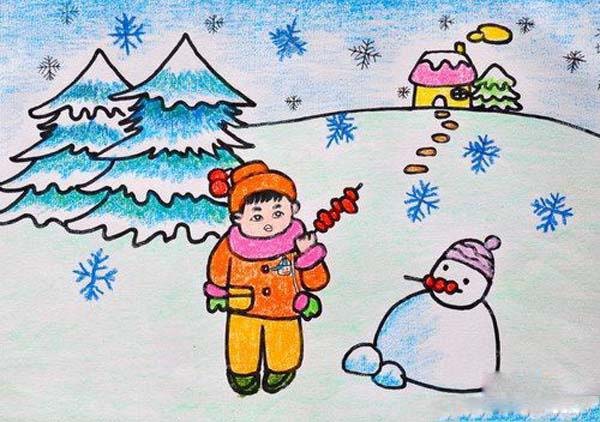"冬天堆雪人"小学获奖儿童蜡笔画作品步骤1