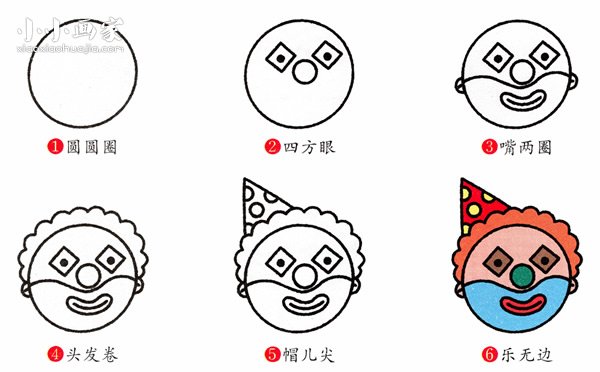 绘本故事彩色小丑脸简笔画画法图片步骤