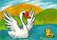 美丽的天鹅和小丑鸭儿童水彩画图片大全